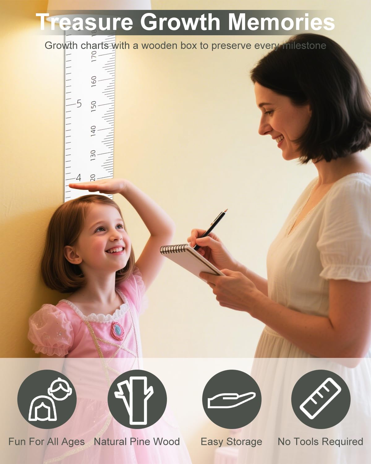 6.5FT Growth Chart for Kids with Wooden Keepsake Box - Children Height Measurement Kit Includes Marker Pen & Wall Hook, Height Tracker Ruler Baby Essentials, Nursery Room Decor Gift for Baby to Teen