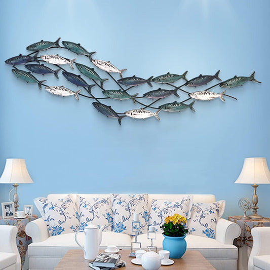 Metal Fish Wall Art, Large Fish Wall Decor for Living Room Bedroom, School of Fish Wall Art Decor, Large Fish Wall Sculpture, Coastal Nautical Ocean Wall Decoration Home Decor (A 59 inch x 16 inch)