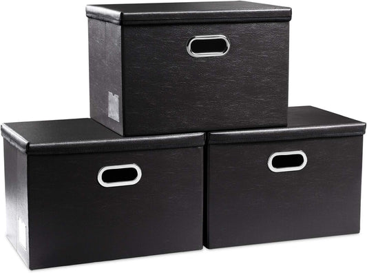 PRANDOM Extra Stackable Storage Bins with Lids [3-Pack] Leather Fabric Foldable Storage Boxes Organizer Containers Baskets Cube with Cover for Bedroom Closet Office Nursery Black (22.8x15.7x13.8)