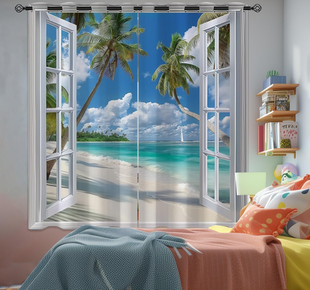 Beach Blackout Curtains for Girls Boys Teens Home Decor, Tropical Summer Scene Ocean Island Palm Tree Grommet Thermal Insulated Drapes Darkening Window Curtain for Bedroom Living Room, 55 x 63 Inch