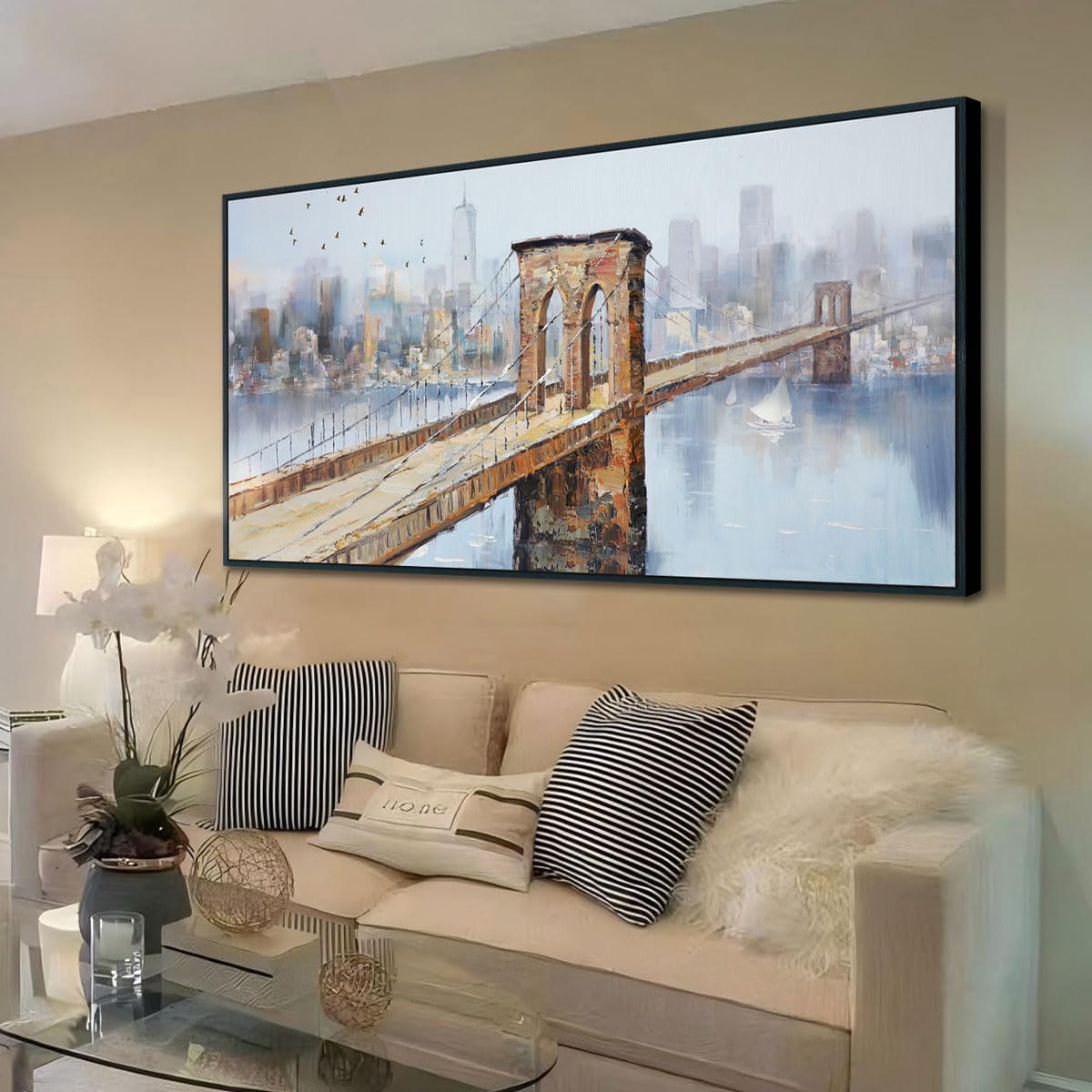 Arjun Brooklyn Bridge Canvas Wall Art Abstract Skyline New York City Painting Modern NY Cityscape Picture Textured Artwork for Bedroom Living Room Bathroom Home Office Wall Decor Framed Large 40"x20"