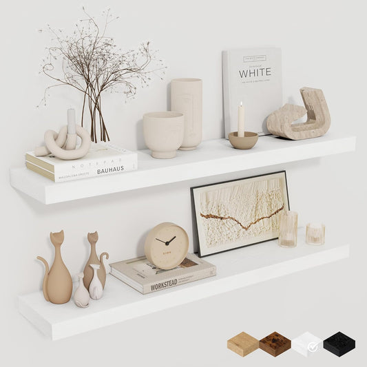 Fun Memories 32Inch Floating Shelves for Wall 2 Pack Wood Shelves for Kitchen, Bathroom, Bedroom Wall Mounted Rustic Wood Floating Shelf with Invisible Brackets for Books, Storage, Decor, White