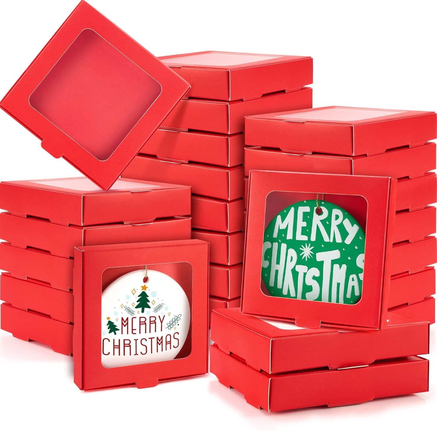 25 Pcs Sublimation Ornament Blanks Box 3.6"x3.6"x0.7" Christmas Ornaments Holder Ceramic Discs Packaging Box with Window for Personalized Xmas Tree Blanks Bulk (Red)