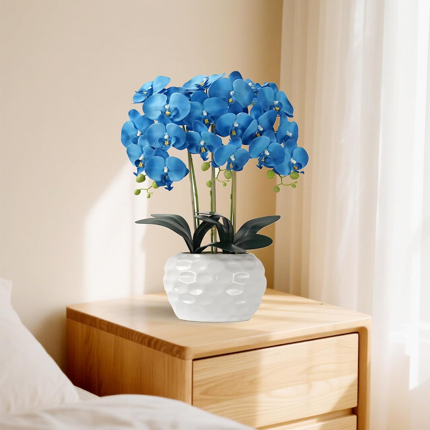 Orchid Artificial Flowers with White Vase Large Silk Faux Phalaenopsis Flowers for Dining Room Table Floral Centerpieces Indoor Decoration,Blue