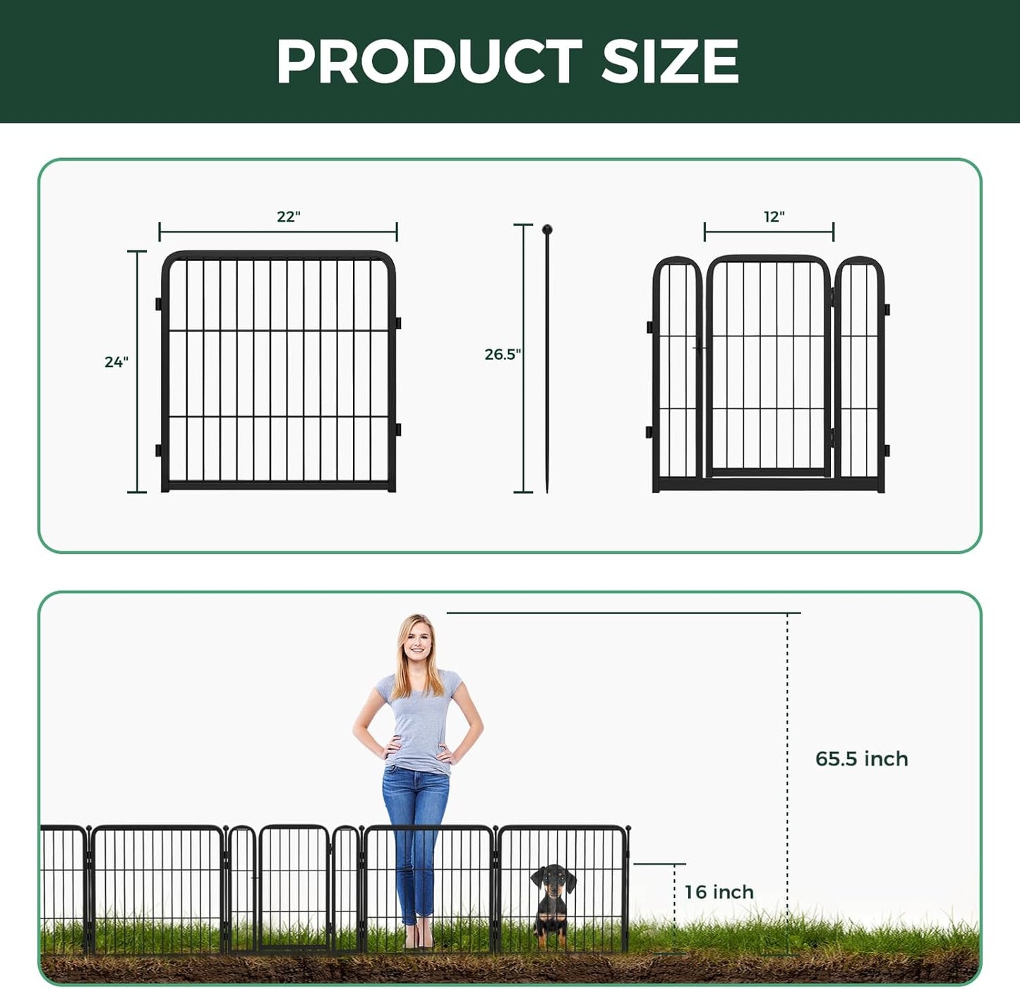 FXW Garden Fence Outdoor for The Yard – 24in(H) x 44.4ft(L) Heavy Duty Metal Animal Barrier for Dog and Rabbit, Decorative Dog Fence, 24 Panels, Black