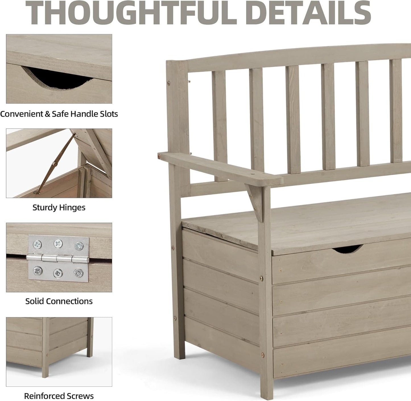 AVAWING Outdoor Storage Bench, Wooden Garden Bench Weatherproof, Patio Benches for Outside, 2-Seat Front Porch Bench, Park Bench for Deck, Lawn, Backyard (Light Gray)