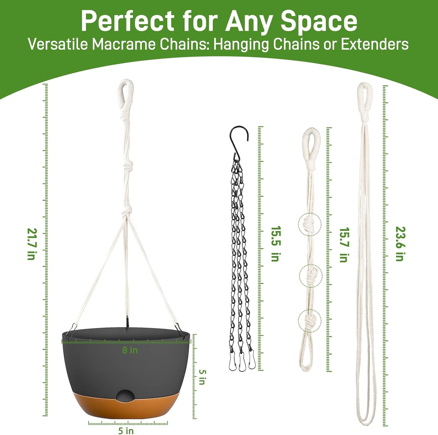 8 Inch Hanging Planters for Indoor & Outdoor Plants (2 Pack) - Self-Watering & Drainage Flower Pots with 2 Kinds of Plant Hangers for Home Decor & Garden (Deep Gray, 8 in)