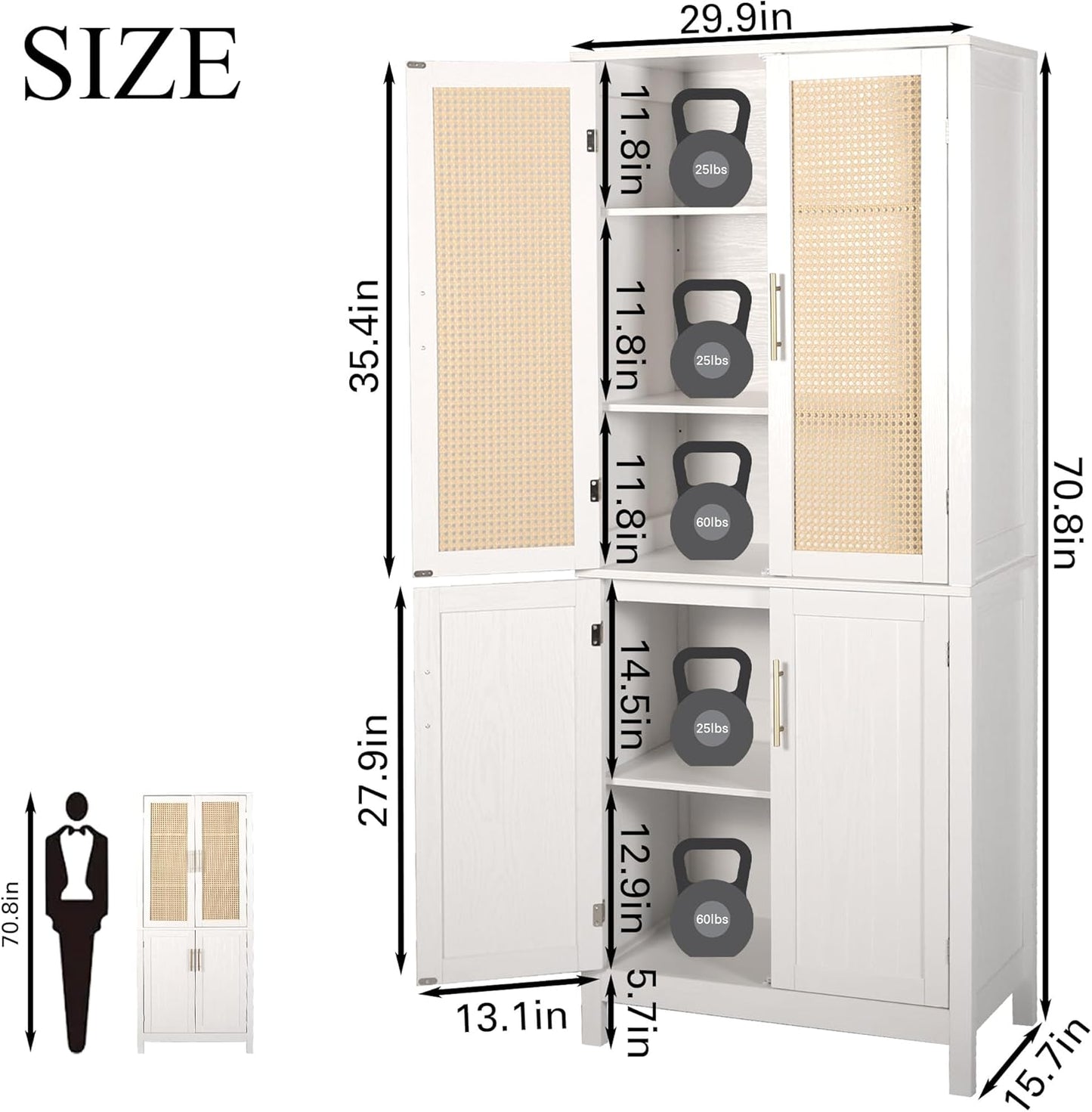 MISHAO 71" Kitchen Pantry Storage Cabinet, Tall Storage Cabinet with Rattan Doors & Adjustable Shelves, Freestanding Cupboard Wood Pantry for Kitchen, Living Room, Dining Room Hallway, White