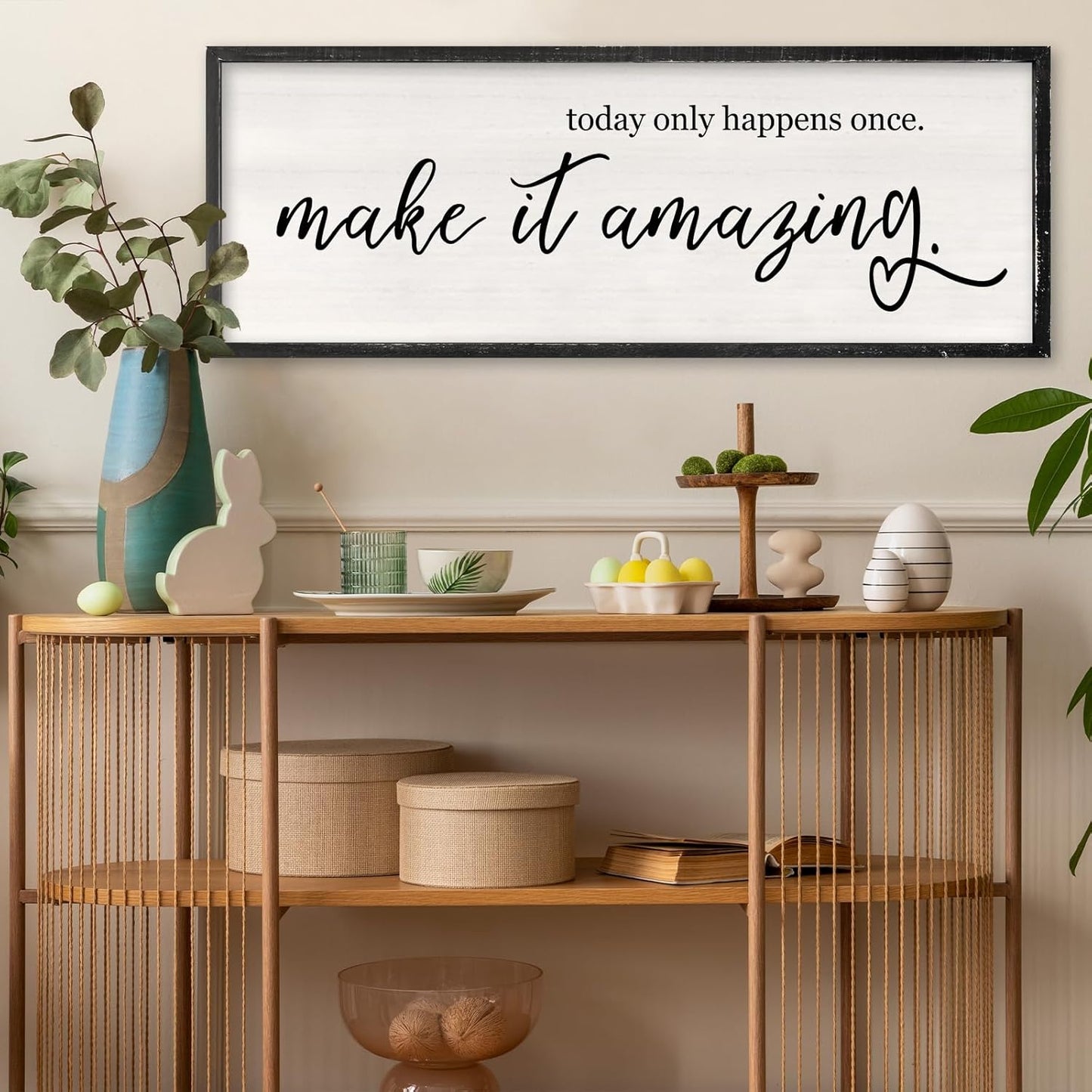RLWangChao Today Only Happens Once Make It Amazing Wall Art Decor 40x15 Inch Large Inspirational Quote Sign Rustic Living Room Vintage Wood Frame Office Motivational Home Wall Hanging (Black)