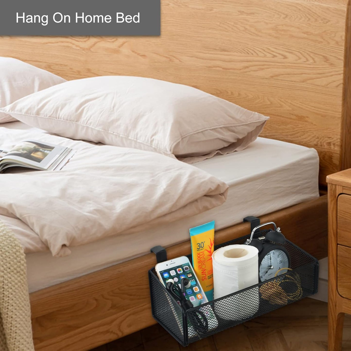 Bedside Caddy Hanging Storage Basket Beside Shelf Metal Organizer for Collage Dorm Bunk Bed,Hospital Bed,Baby Bed - Bedroom Essentials for Magazine,Remote Control,Phone,Drinks (White)