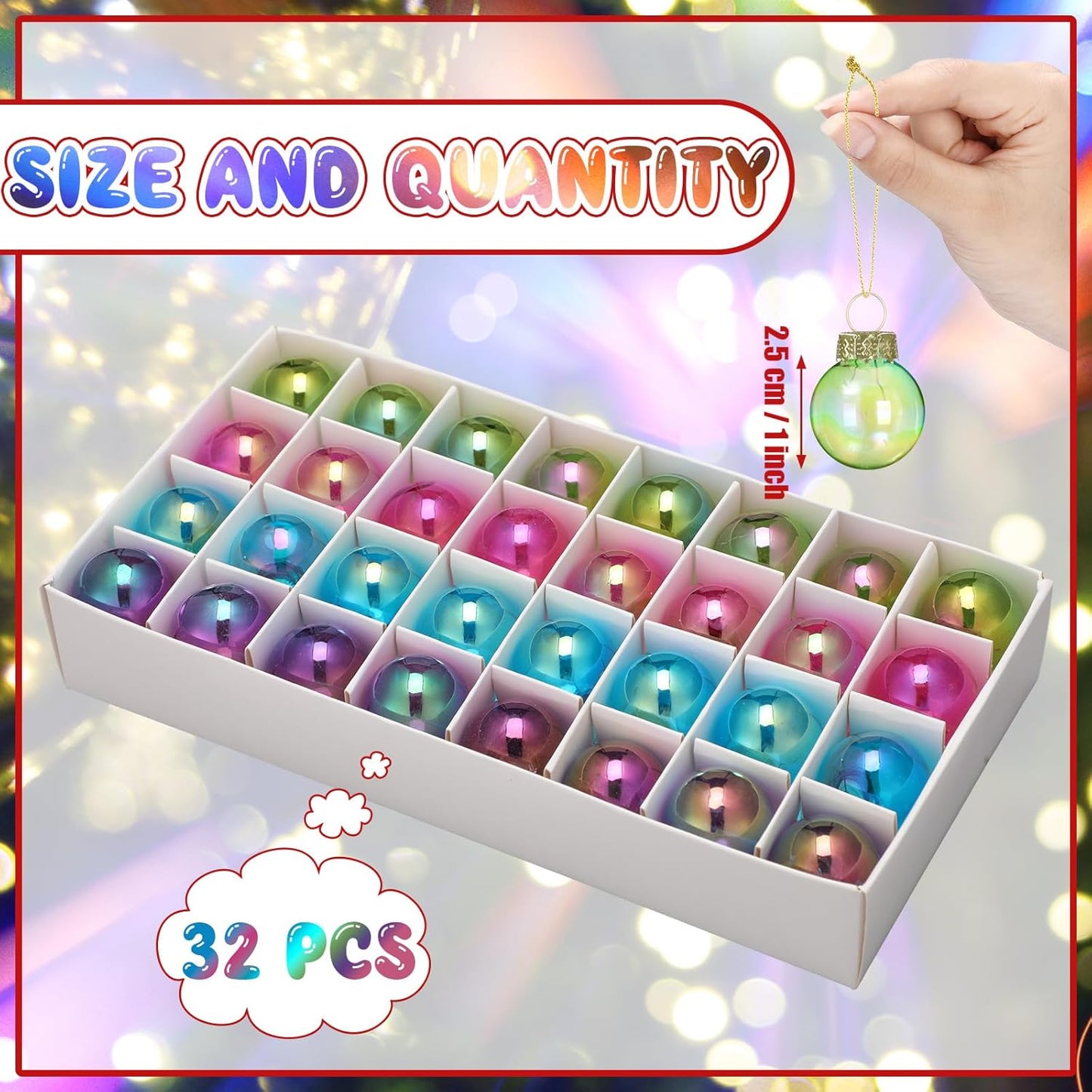 Tioncy 32 Pcs 1 Inch Mini Glass Christmas Ornaments Balls Shiny Christmas Balls Tiny Tree Hanging Decoration Small Colorful Ball Pendant for Xmas Party Supplies(Vibrant Color)