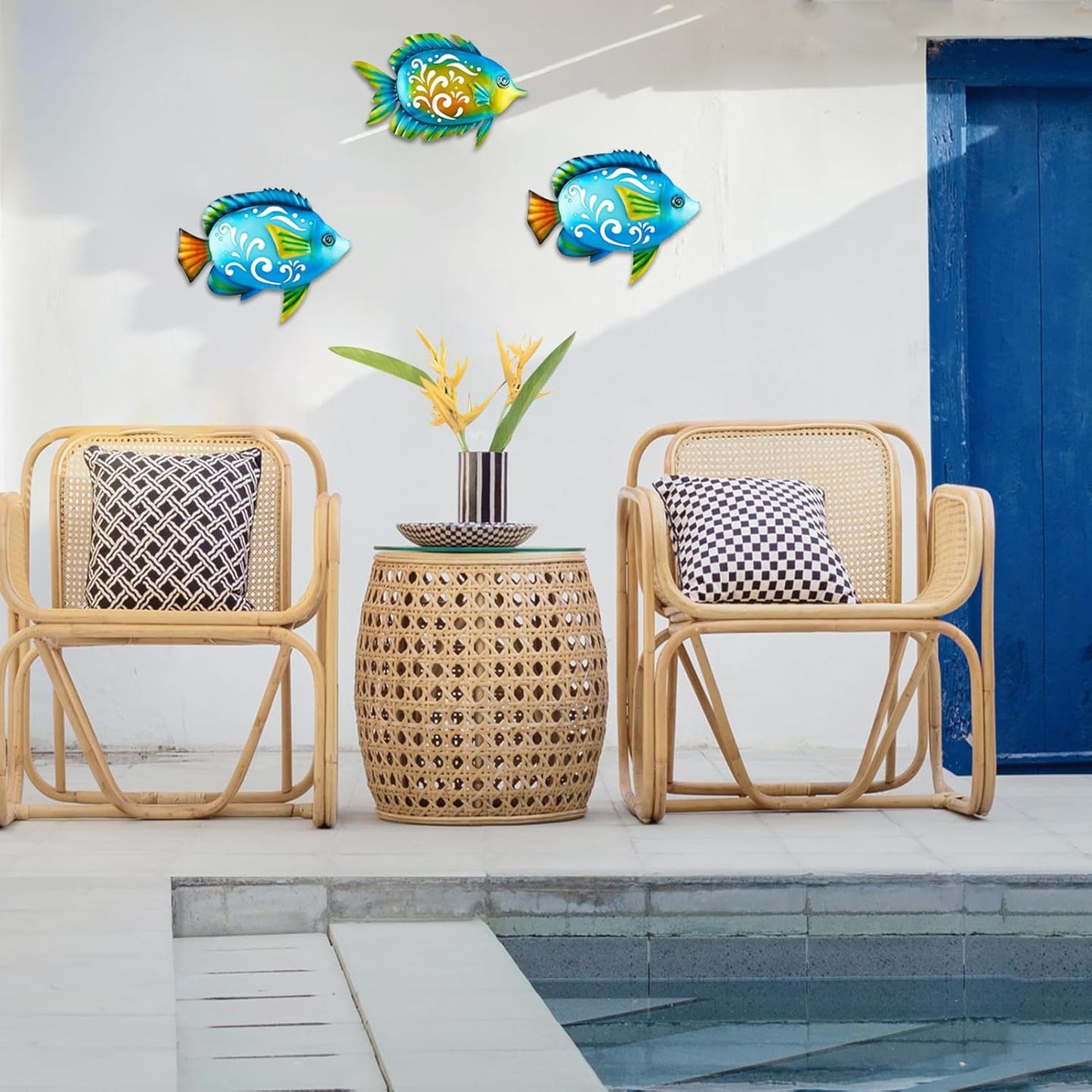 Metal Fish Wall Decor Coastal Ocean Sea Hanging Decorations Metal Fish Art Outdoor Wall Sculptures Garden Patio Fence Pool Decor