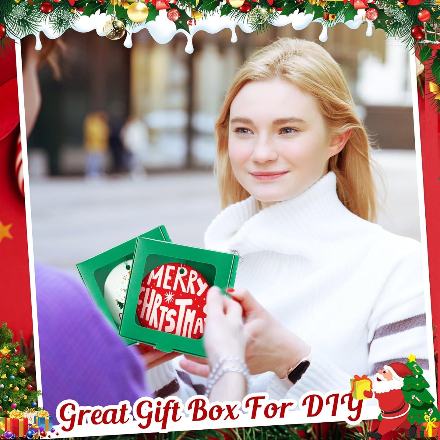 25 Pcs Sublimation Ornament Blanks Box 3.6"x3.6"x0.7" Christmas Ornaments Holder Ceramic Discs Packaging Box with Window for Personalized Xmas Tree Blanks Bulk (Green)