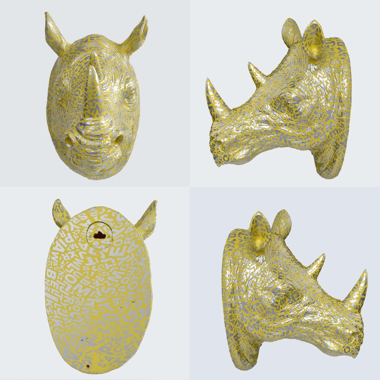 Rhino Head Wall Mount Resin Safari Animal Sculpture, Modern Faux Decor for Living Room Bedroom Office Realistic Wildlife Art Bust Yellow