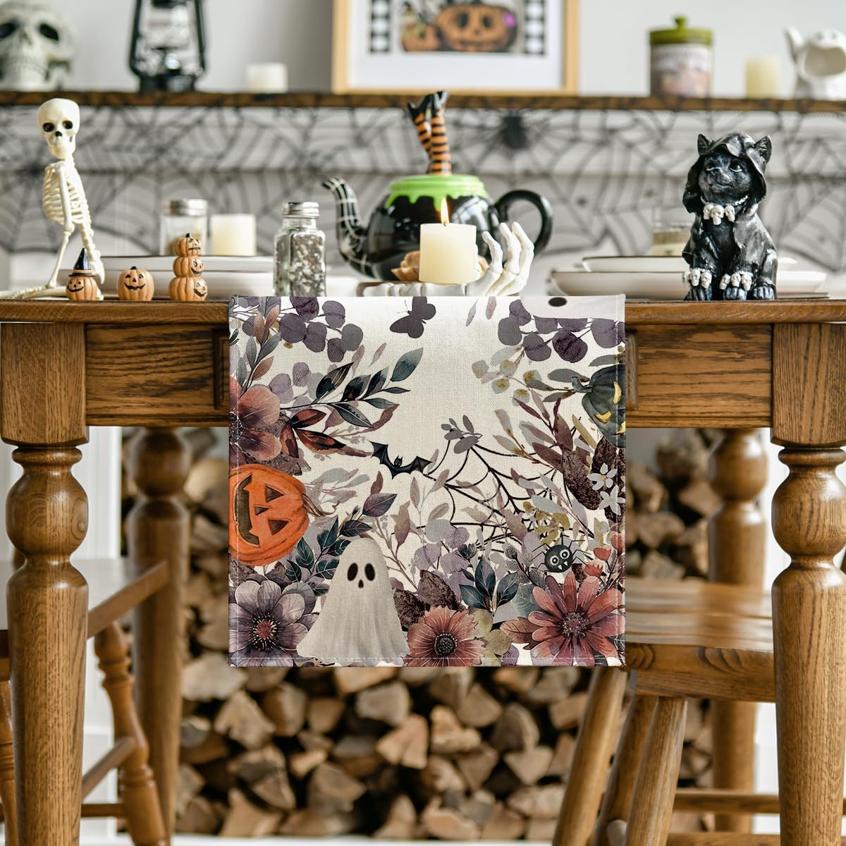 Artoid Mode Jack-O'-Lantern Pumpkin Floral Ghost Halloween Table Runner, Eucalyptus Kitchen Dining Table Decoration for Home Party Decor 13x60 Inch