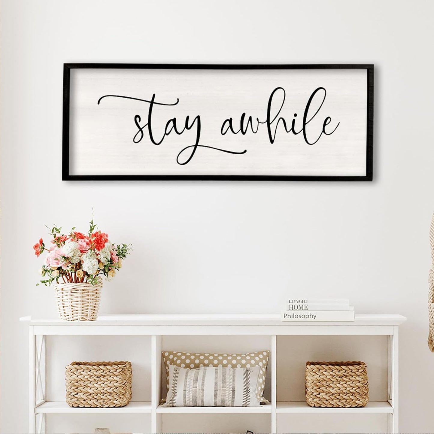 Stay AWhile Sign Wall Decor Sign 40"X15" Large Living Room Entryway Wood Framed Rustic Wall Decor for Vintage Farmhouse Foyer Hanging Lets Stay Home Wall Art (Black)