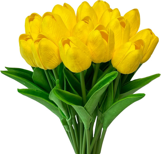 Yellow Artificial Tulip Flowers 15PCS Real Touch Faux PU Tulips Bouquet Faux Spring Flowers for Floral Arrangements Table Centerpiece Kitchen Home Mothers Day Easter Summer Decorations