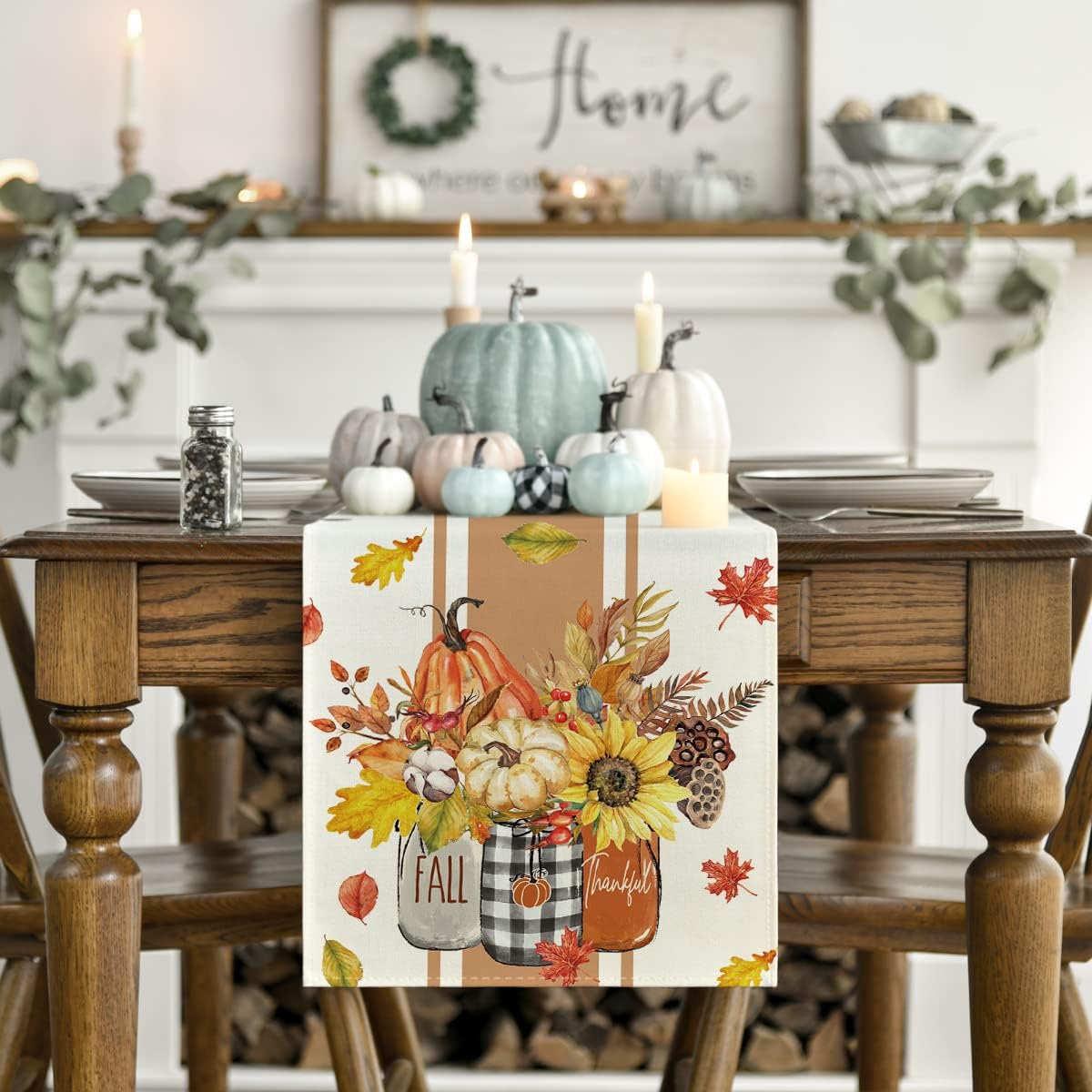 Artoid Mode Thankful Fall Pumpkin Leaves Floral Vases Table Runner, Autumn Thanksgiving Kitchen Dining Table Decoration for Home Party Decor 13x90 Inch