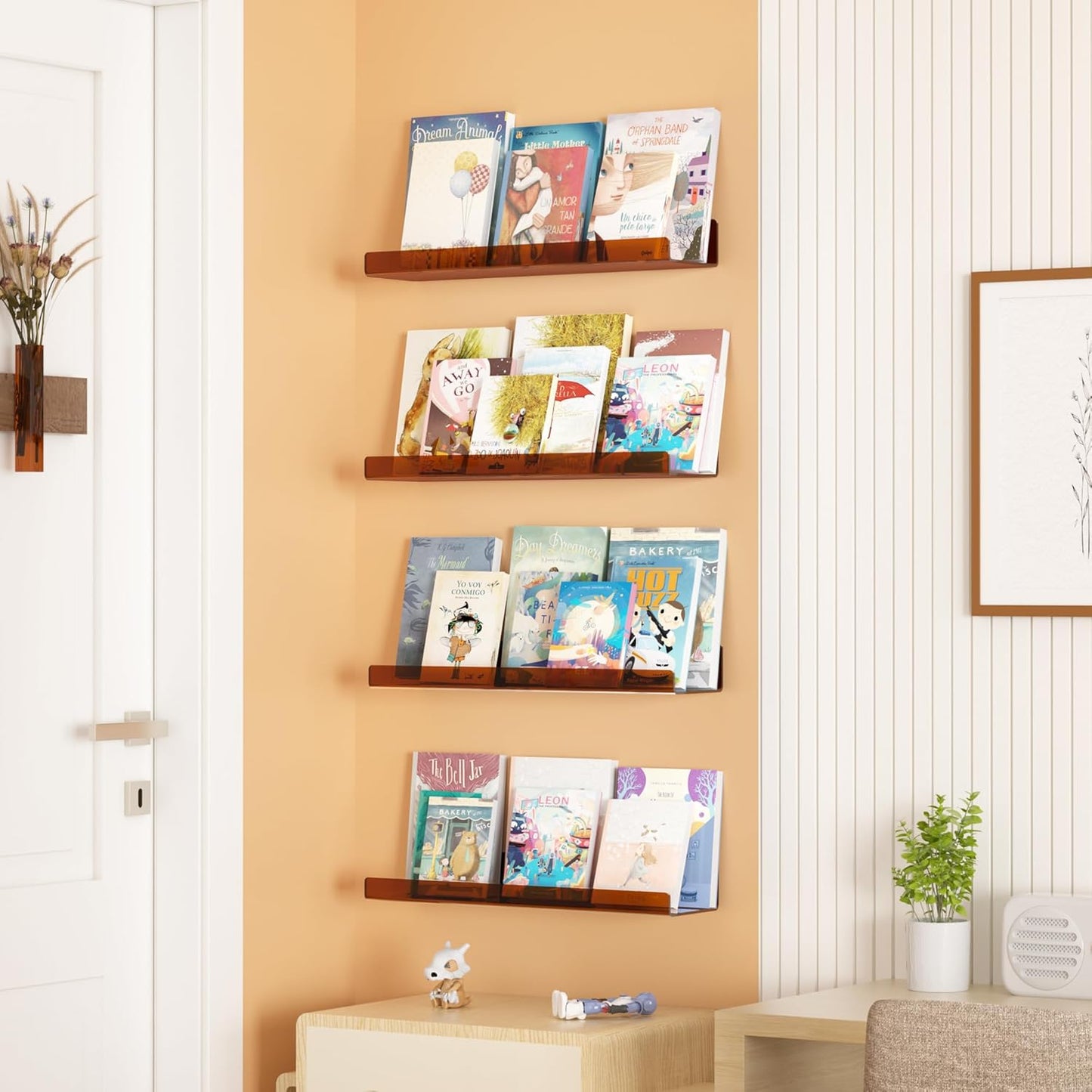 upsimples Acrylic Shelves for Wall Decor, 15" Display Shelf Perfume Organizer for Bathroom, Bedroom, Living Room, Floating Bookshelves for Kids, Clear Brown, 4 Pack