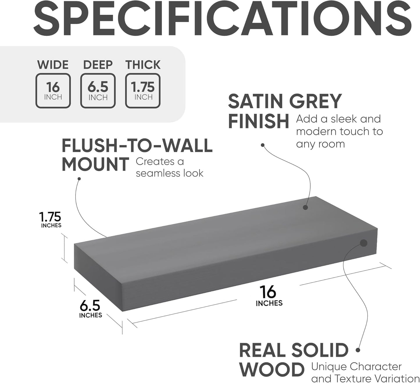 Homeforia Gray Floating Bathroom Shelves, High End Solid Real Wood 16 inch Small Floating Shelf for Wall Mounted, Grey Wooden 16 in Floating Shelves, Heavy Duty Bracket, 16 X 6.5 X 1.75 inch, Set of 2