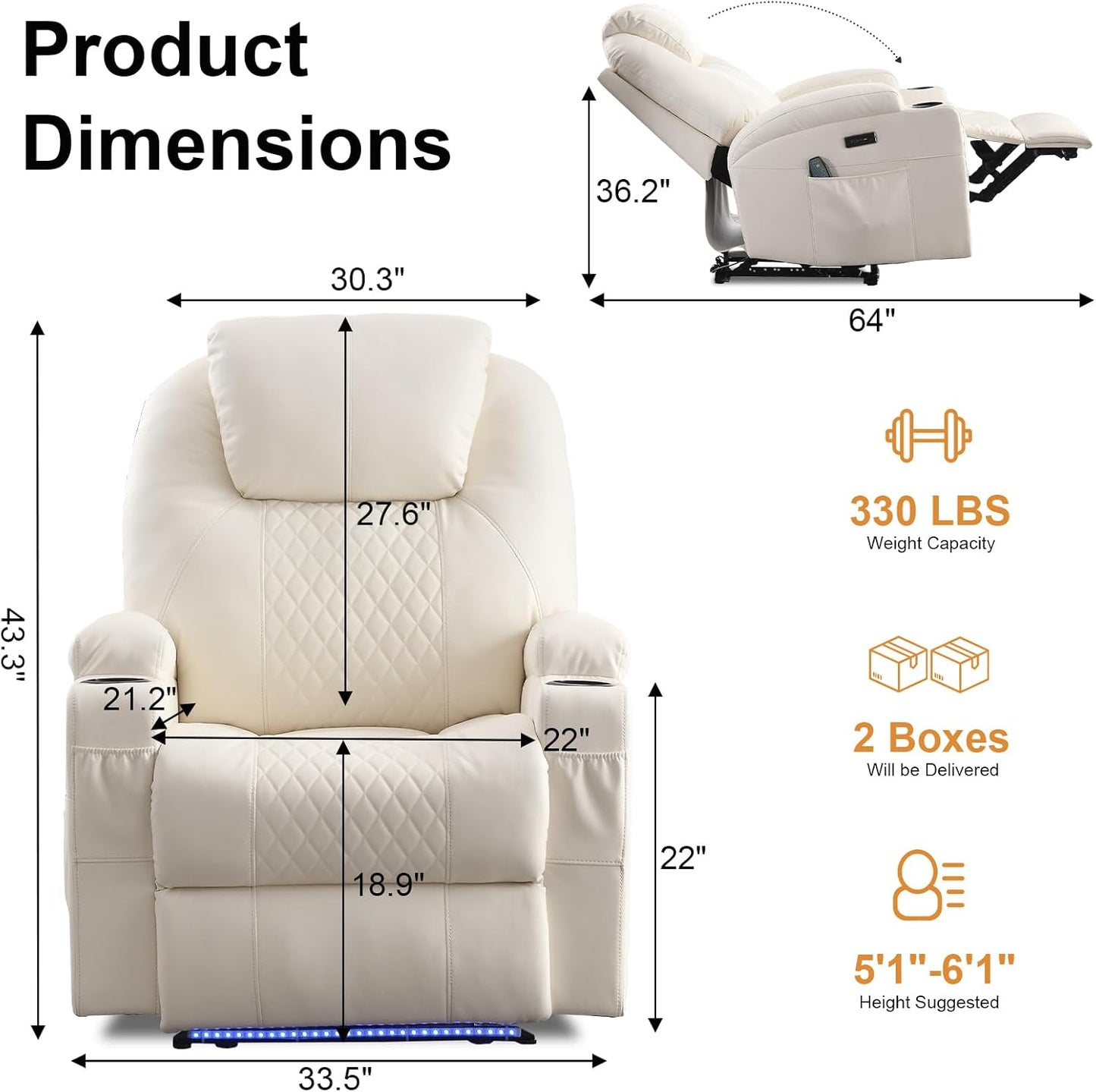 AHMED Power Recliner Chair with Vibration Massage & Heat for Adults, Faux Leather Home Theater Seating with Cup Holders/LED Lights/USB Ports/Side Pockets for Living Room, Beige