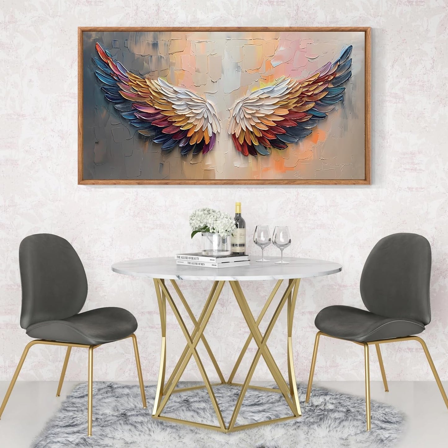 Aurlan Angel Wings Hand Painted Framed Wall Decor(40"x20"), Large Abstract Colorful Feather 3D Textured Oil Painting Canvas Artwork, Modern Contemporary Inspirational Wall Art for Living Room Bedroom
