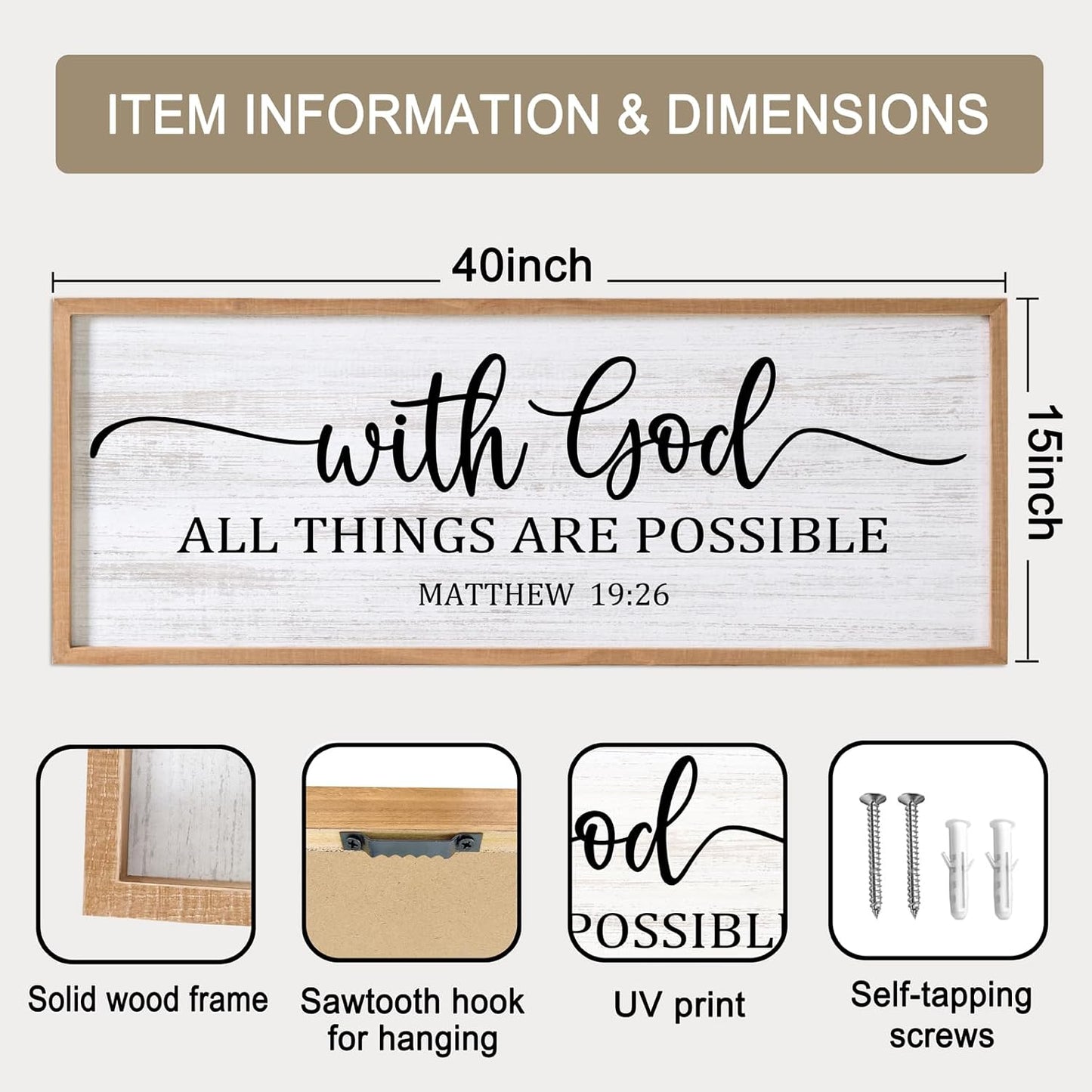 With God All Things are Possible Framed Wall Art, 40''×15'' Natural Religious Rustic Bible Verse for Christian God Jesus Christ Prayer, Holy Positive Horizontal Inspirational Catholic Scripture Decor