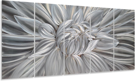 Yihui Arts Silver Metal Flower Wall Art, 5 Pieces Aluminum Artwork, Contemporary Botanical Sculpture for Living Room Bedroom Bathroom Decor