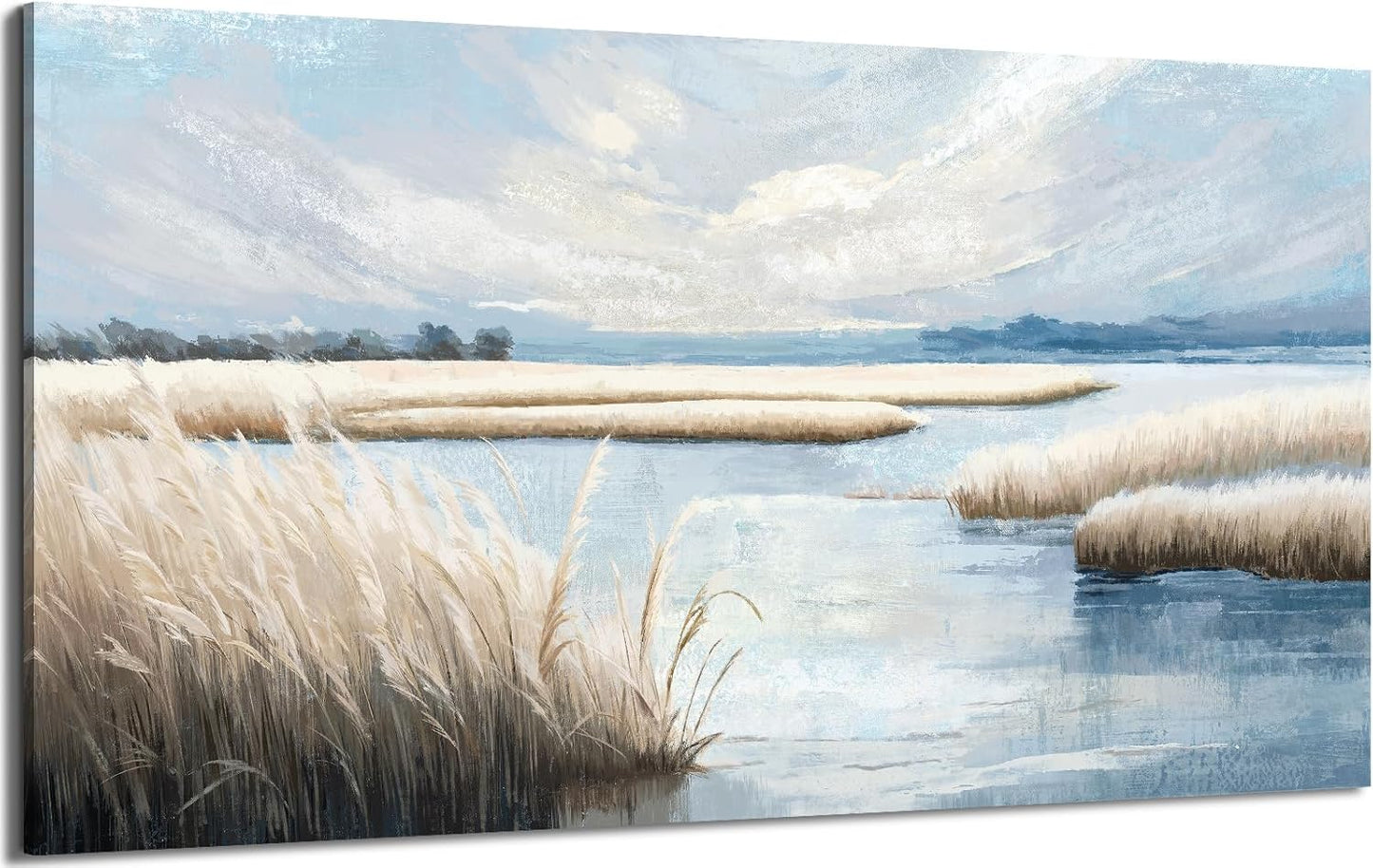amatop Extra Large Coastal Marsh Landscape Wall Art – Neutral Blue Beige Wetland Canvas Print for Bedroom Living Room Office – Serene Nature Wall Decor,Oversized Ocean Artwork for Home Decoration