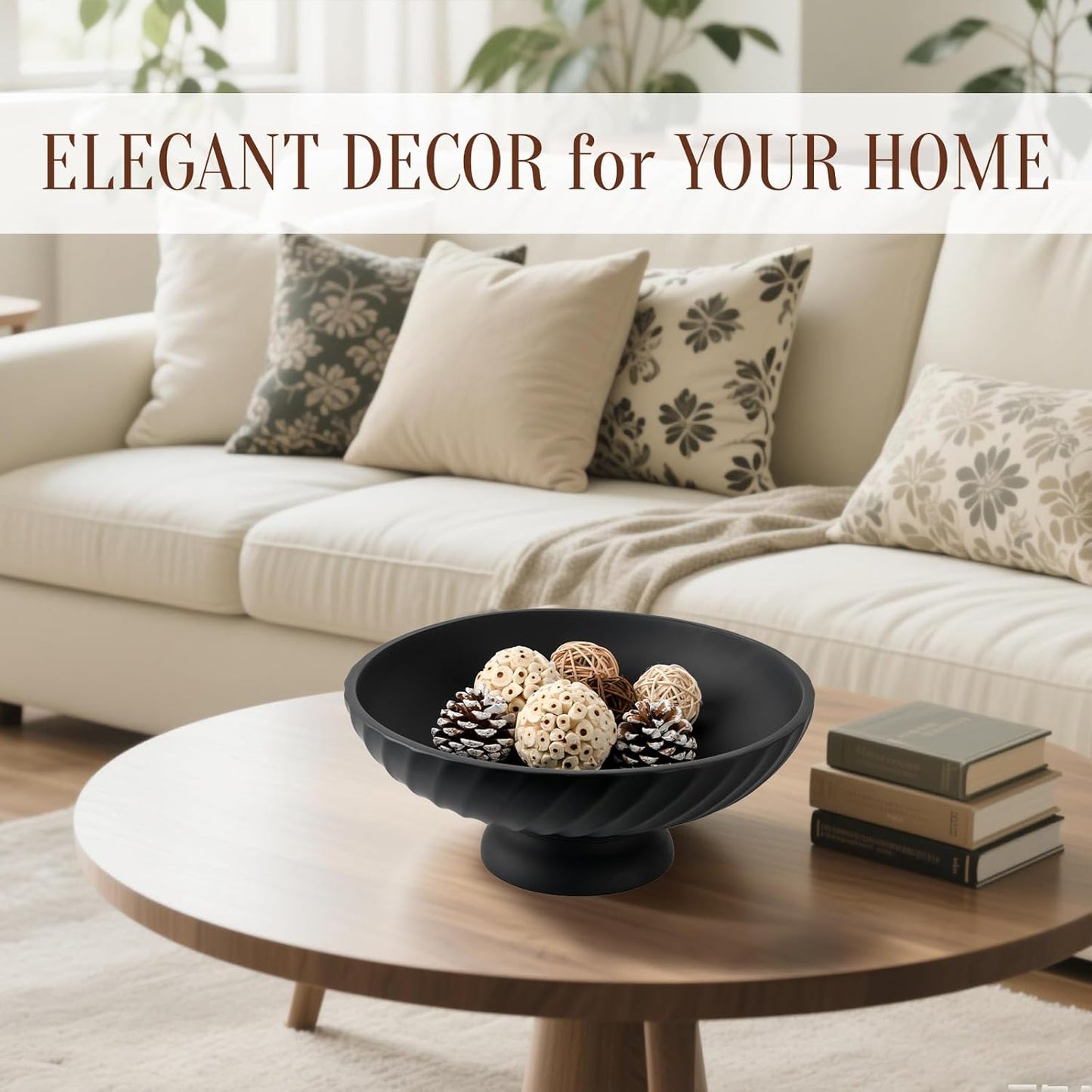 Large Resin Pedestal Decorative Bowl - Modern Fruit Bowl for Kitchen Counter - Handicraft Bowls for Home Decor - Key Bowl for Entry Table,Matte Black