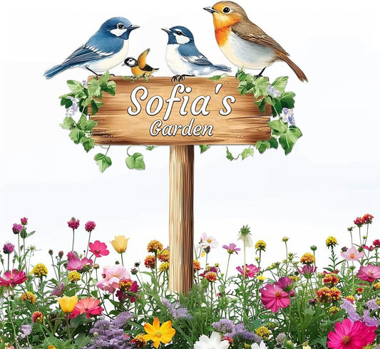 Personalized Colorful Bird Metal Sign with Stake,Custom Gardener Last Name Signs Outdoor Decorate,Customized Garden Accessories Decor for Mother,Birds on the Branch Plaques for Patio Lawn Porch Yard