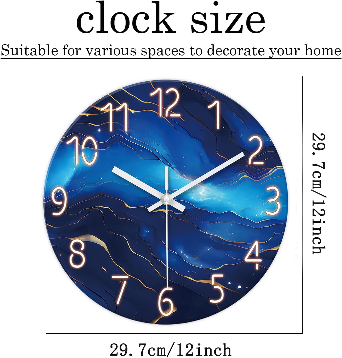Small Wall Clocks Battery Operated 12 Inch Blue Marble Wall Clock for Kitchen Glass Analog Silent Wall Clock Non Ticking