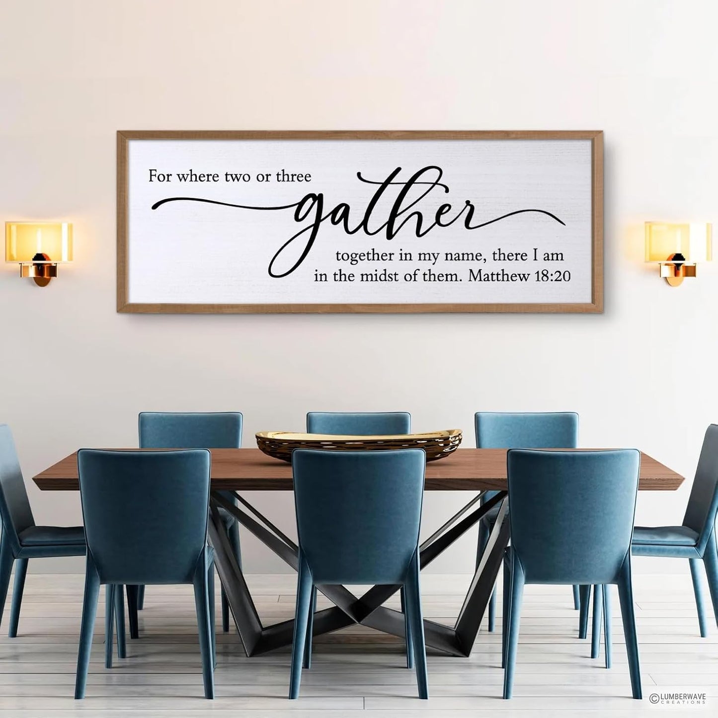 For Where Two Or Three Gather Sign Dining Room kitchen Wall Decor Bible Verse Scripture Matthew 18:20 Wooden Frame 32X12 Inch for Christian Family Hanging Art (Wood)