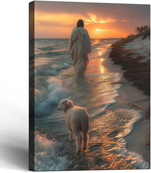 Framed Canvas Jesus and the Lamb Walking on the Beach Wall Decor Wall Art Gallery Decor Unique Print Wall Decor for Living Room Bedroom Church Home Decor 24x36 Inch Ready to Hang