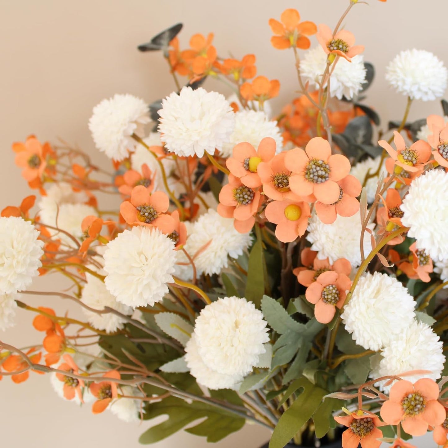 RyddeligHome Artificial White Kiku & Orange Wax Flowers, Bulk Silk Flowers with Long Stems for Vases, Spring Floral Stems Arrangements for Home Decor, Centerpieces for Tables, Rustic Decorations