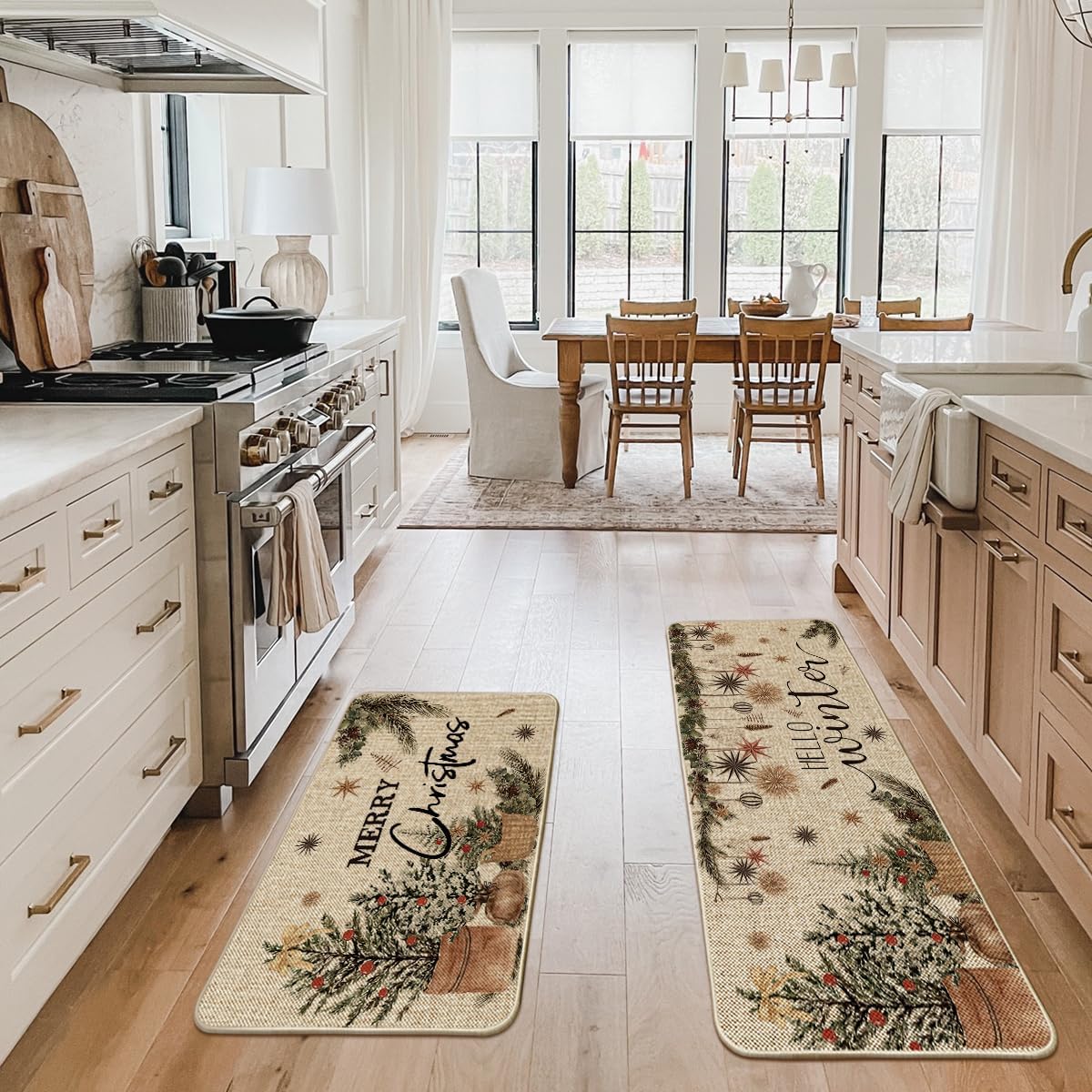 Artoid Mode Holly Ornament Merry Christmas Kitchen Mats Set of 2, Winter Home Decor Low-Profile Kitchen Rugs for Floor - 24x35 and 24x59 Inch