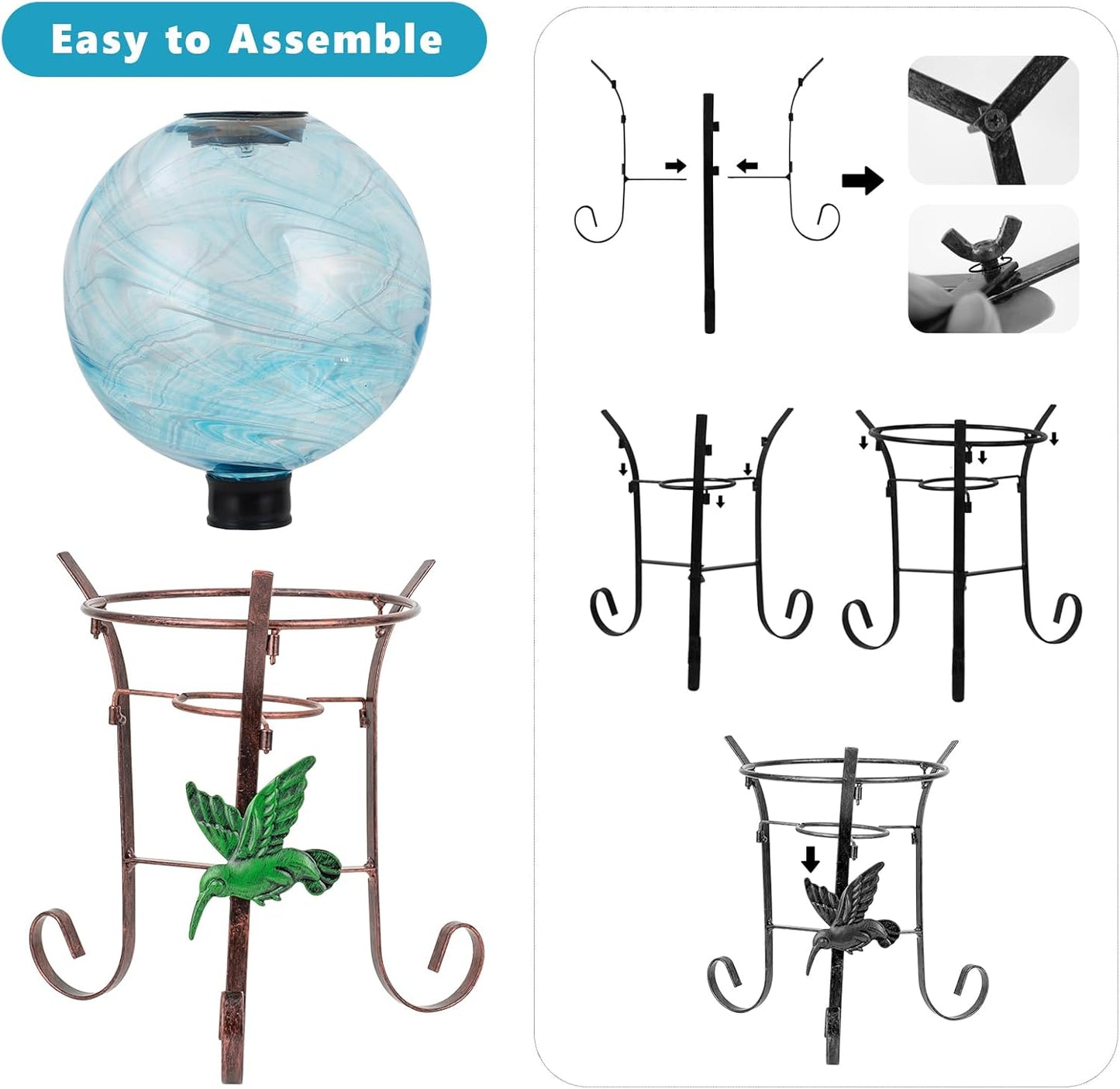 10 Inch Solar Glass Gazing Ball, with 9.4" Tall Metal Gazing Globe Stand, Solar Ball Lights Display Holder Set for Outdoor Garden Lawn Yard Decoration, Blue Water Ripple