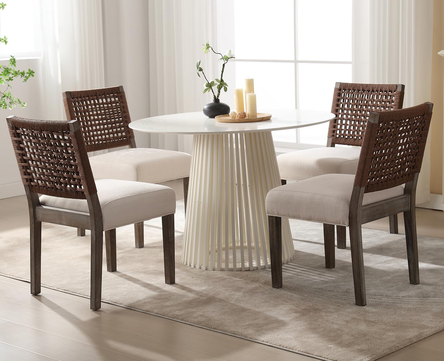 Kmax Farmhouse Dining Chairs Set of 6, Rustic Kitchen Chairs with Linen Fabric Seat and Woven Back, Vintage Accent Chairs for Dining Room, Living Room, Beige