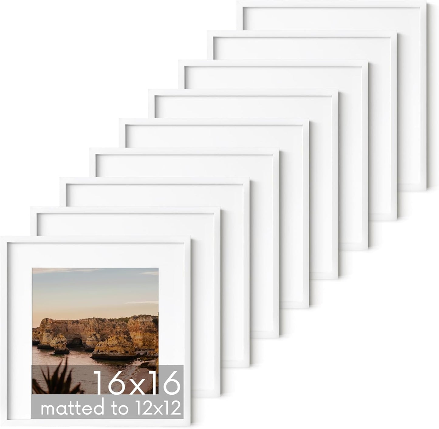 HAUS AND HUES 16x16 White Metal Picture Frames Matted to 12x12 - Features Premium Aluminum & Hanging Hardware, Shatterproof Plexiglass - Ideal for Home, Room, Office (16x16 in, White, Set of 9)