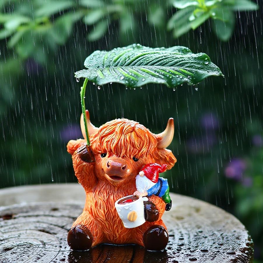 Garden Gnome with Highland Cattle 6.5“ Figurine Ornament for Indoor Outdoor Home Patio Yard Lawn, Red Hat, Blue Outfit, Indoor Outdoor Decorative Statue