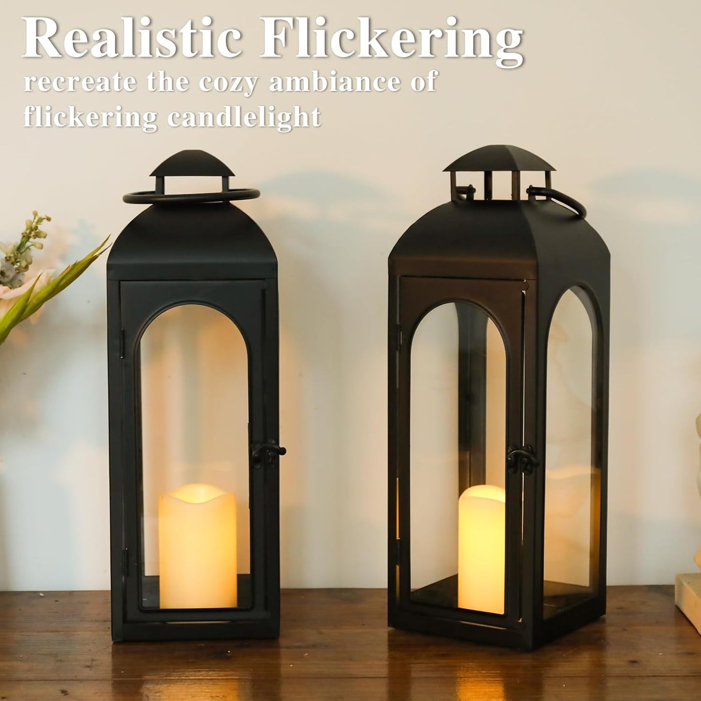 Bdor 2 Pack 20 Inches Metal and Tempered Glass Decorative Lantern with Electronic Wax Effect - Indoor/Outdoor Decorative Lighting, Handcrafted Aesthetic, Perfect for Home, Parties, and Holiday Decor