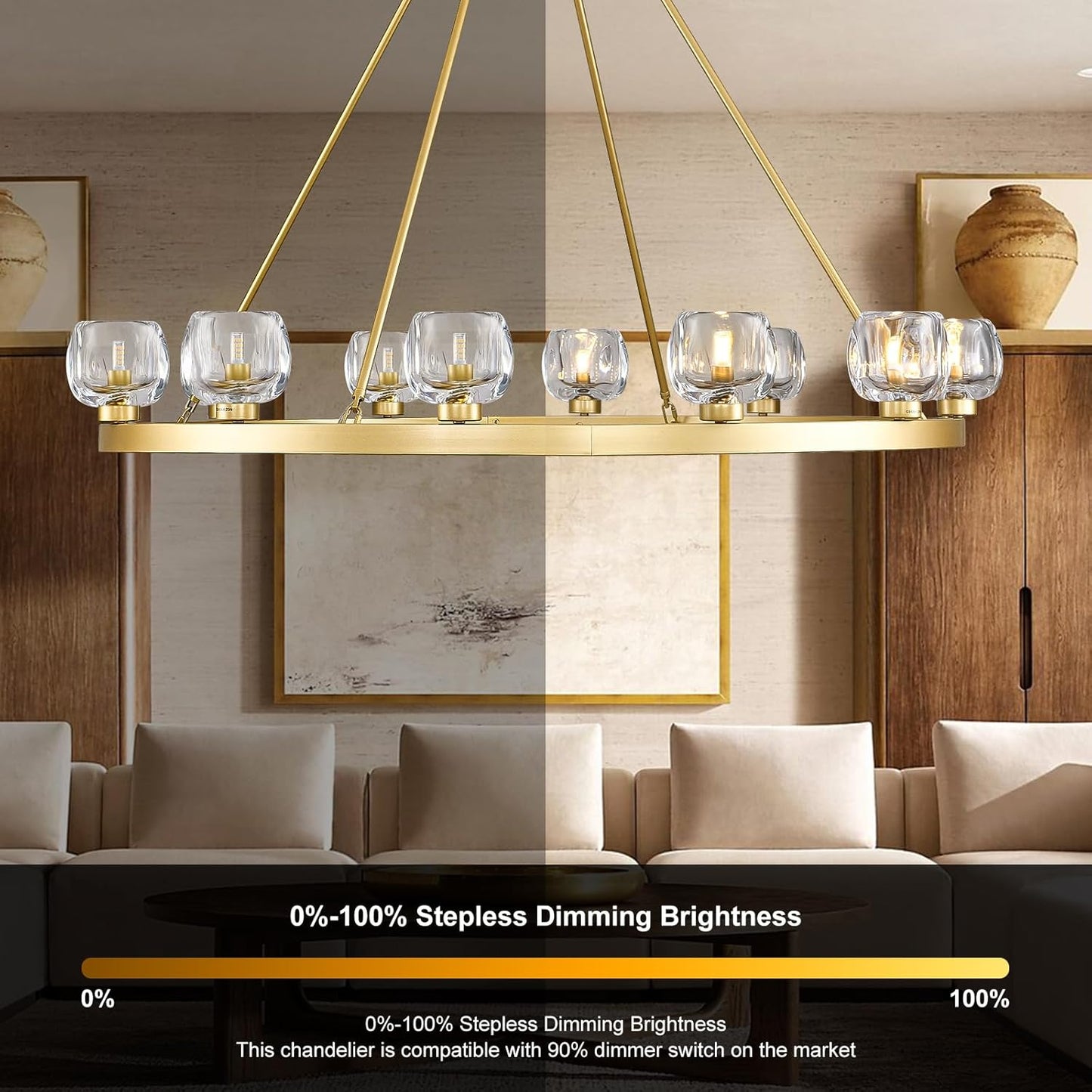 Gold Wagon Wheel Chandelier, 59 Inch Brass Chandeliers with Unique Glass Shade, 15-Light Crystal Large Wagon Wheel Chandeliers for Dining Room, High Ceiling Round Chandelier for Living Room, Foyer