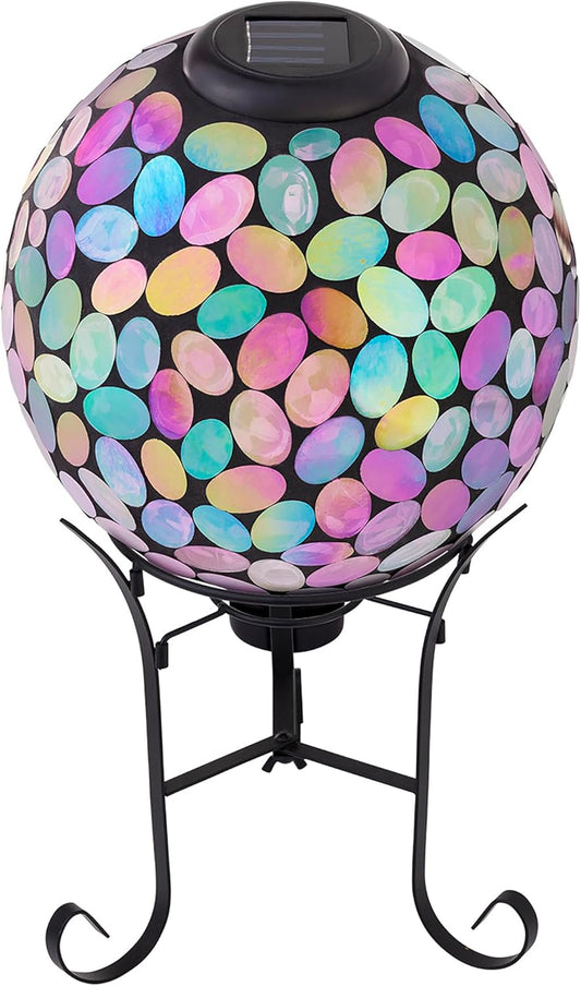 Alpine Corporation Outdoor Solar Powered Pink Glass Mosaic Gazing Globe with LED Lights and Metal Stand, Violet
