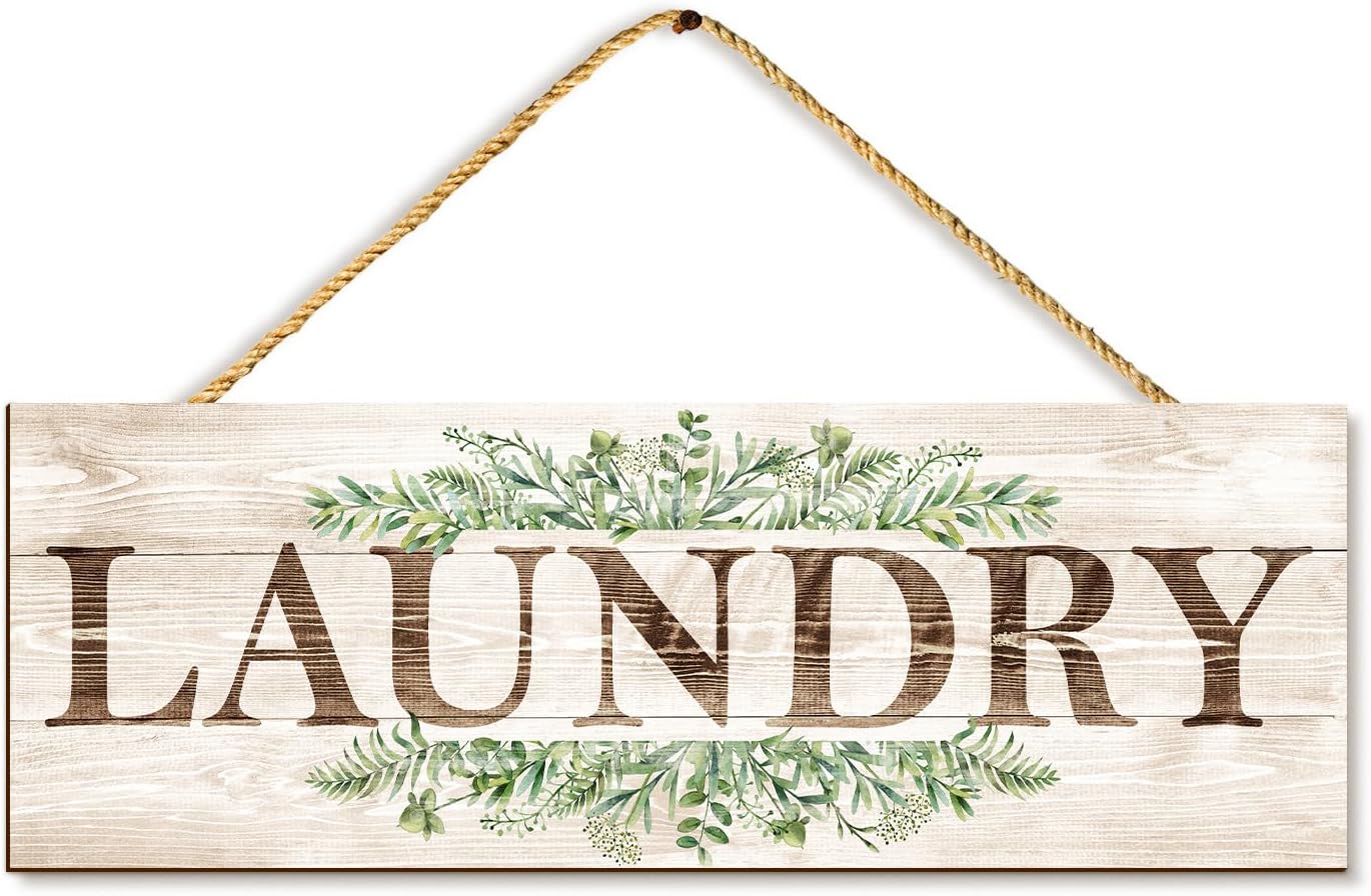 Laundry Sign Wall Decor, Kitchen Wall Art with Plant Print, Rustic Farmhouse Wall Hanging Plaque Home Kitchen Decorative (Laundry), 4.7 x 13.7 inches