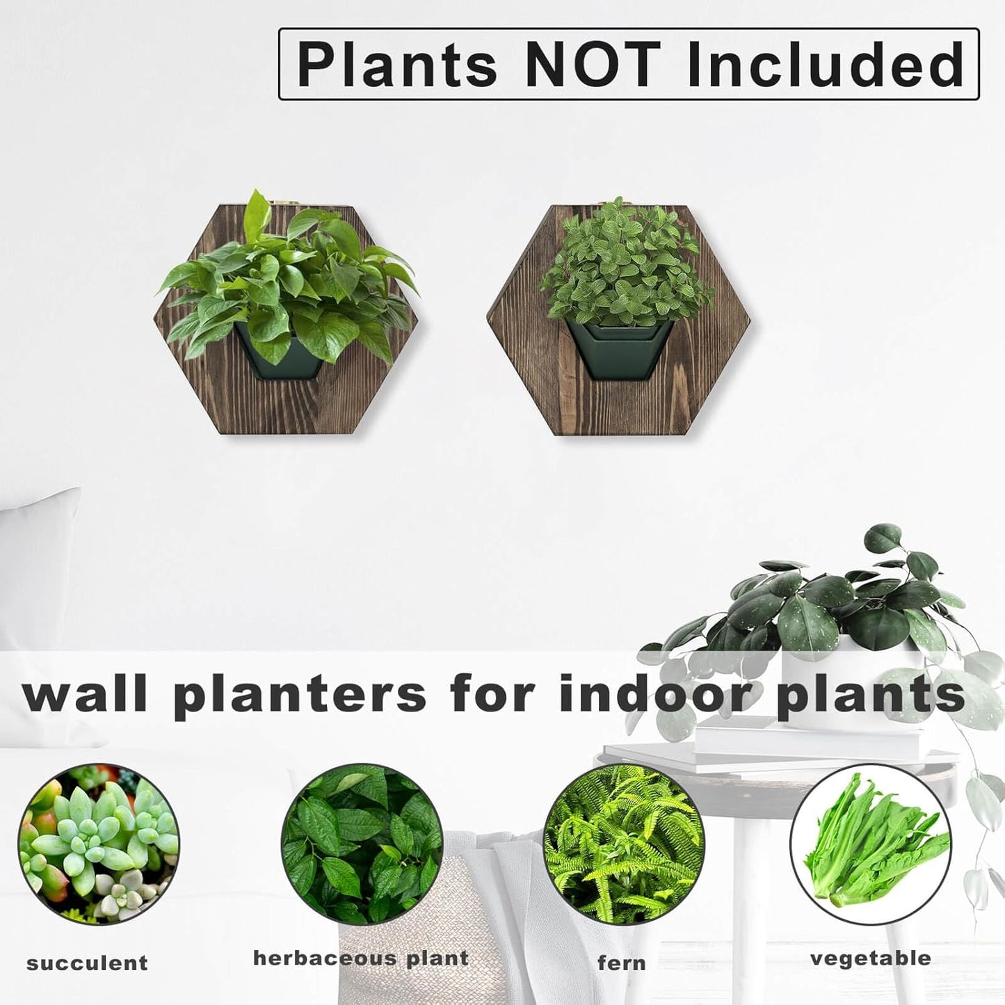 Hexagonal Wooden Wall Planter, Self Watering Living Vertical Planter Indoor, Wooden Frame Planter Wall Decoration Home Office,2pc Walnut