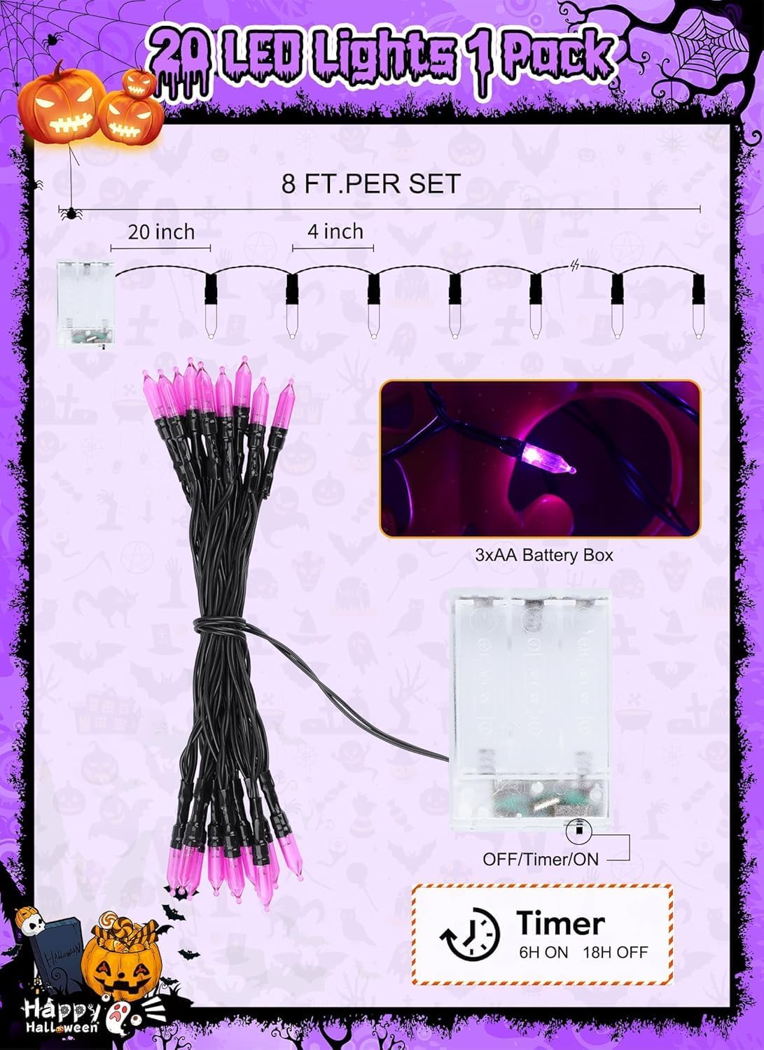 Battery Operated Halloween Indoor String Lights, 8 ft 20 LED Purple Mini Cluster Tree Lights with Timer, Indoor Outdoor Patio Garland Window Decor for Party Christmas Halloween Decorations