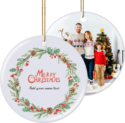 Personalized Christmas Ornaments 2025, Double-Side Custom Christmas Ornament, Round Ceramic Photo Ornament Christmas Tree Decorations for Kids, Mom, Dad, Family, Loved One