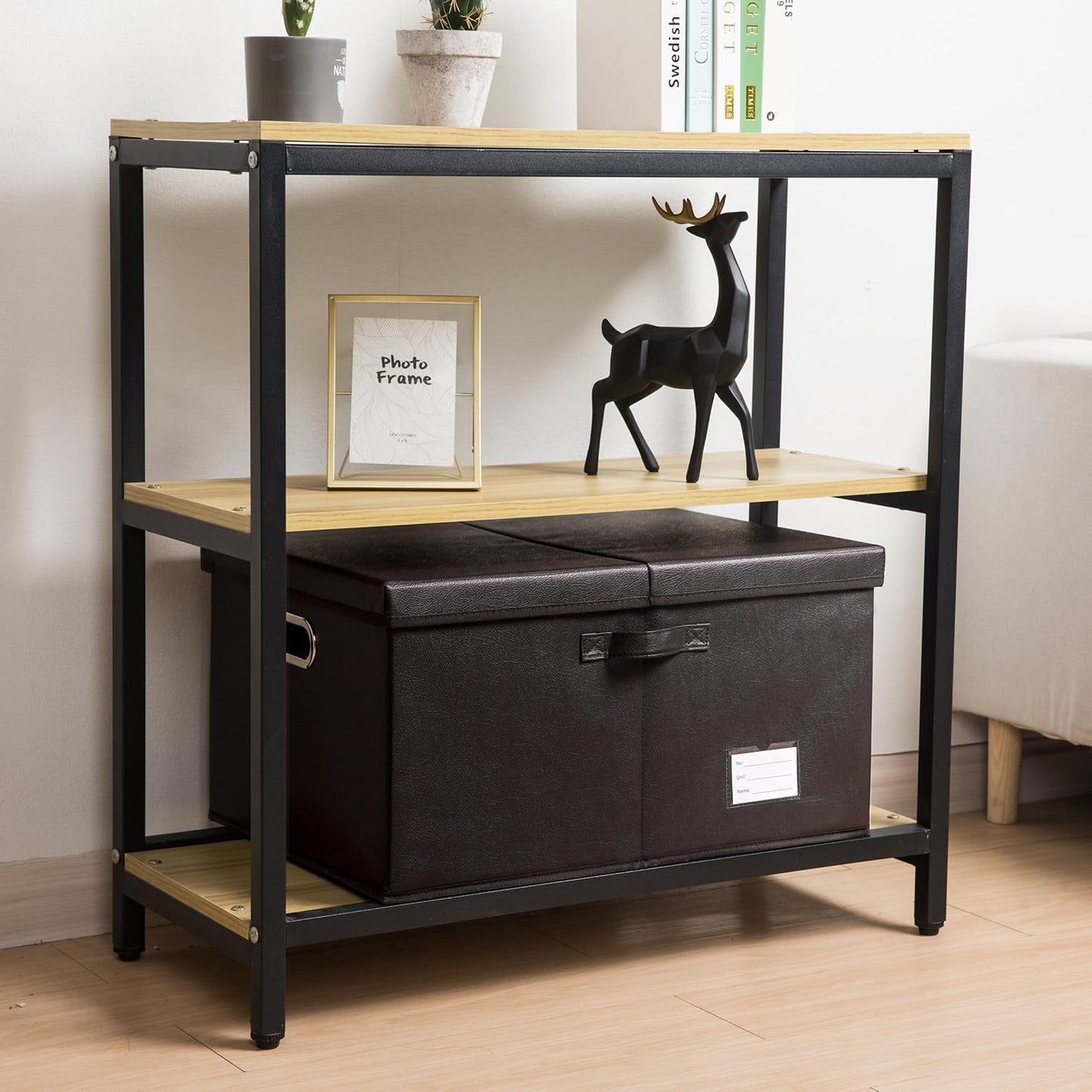 PRANDOM Collapsible Storage Box with Lid [3-Pack] Leather Fabric Foldable Storage Bin Organizer Container Basket Cube with Cover for Home Bedroom Closet Office Nursery Black(22.8X15.7X11.8)