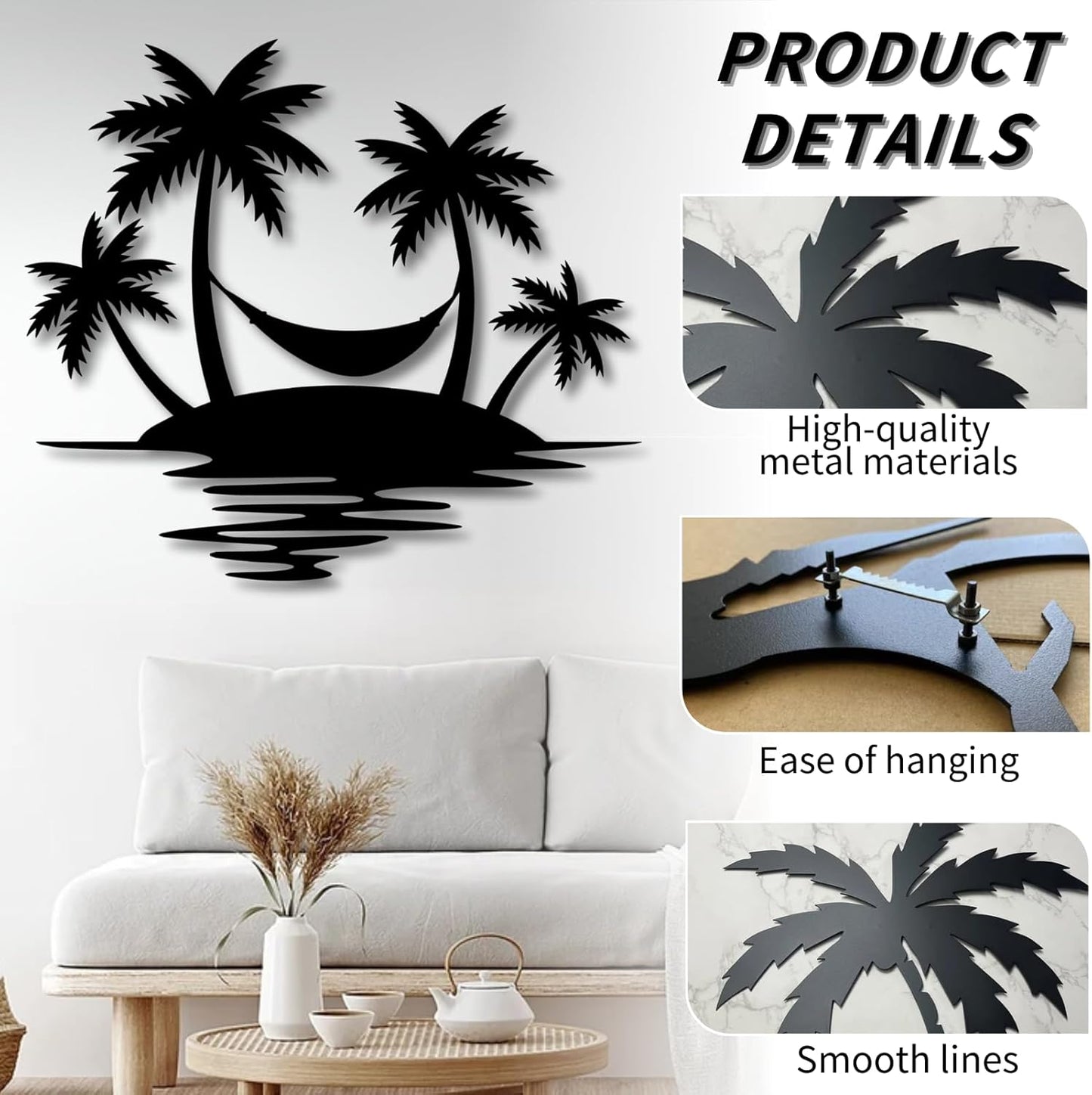 Palm Tree Metal Wall Decor,Palm Tree Outdoor Wall Art,Tropical Palm Tree Wall Decorations for Living Room,Outdoor Wall Decorations for House(35"×31",White)