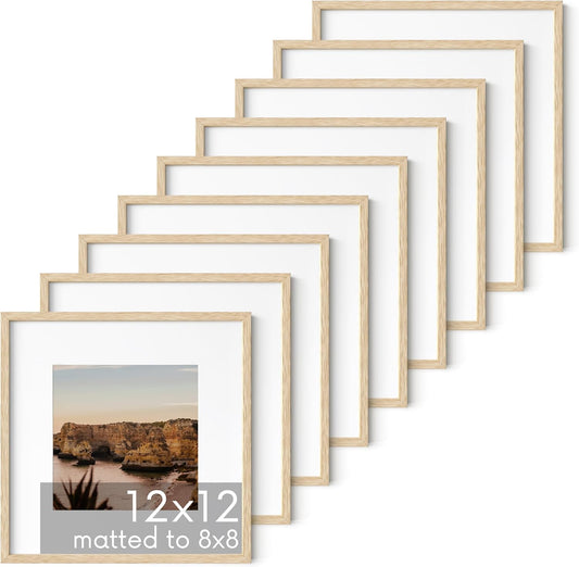HAUS AND HUES Square Picture Frames 12 x 12 Set of 9 - Photo Gallery Wall Frame Set, Wood 12x12 Frames, 12 x 12 Frames Gallery Wall Set, 12x12 Frame with Mat, Square Frames 12x12 (Beige Oak Frames)